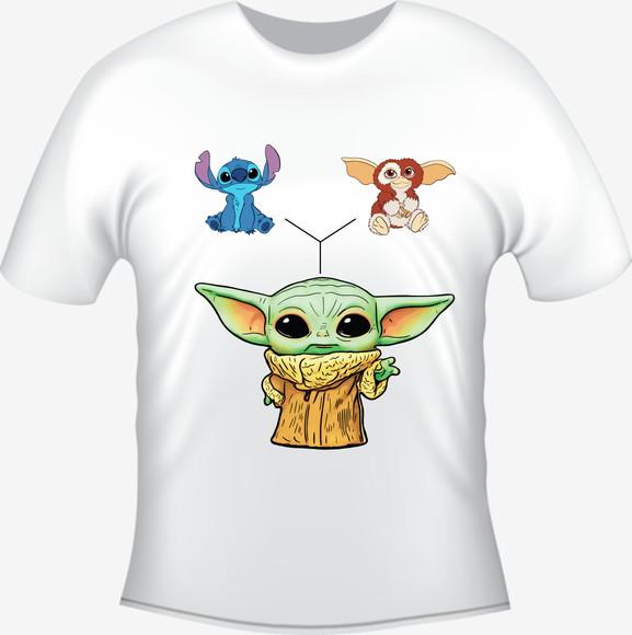 Camiseta Baby Yoda, Stitch e Mogwais