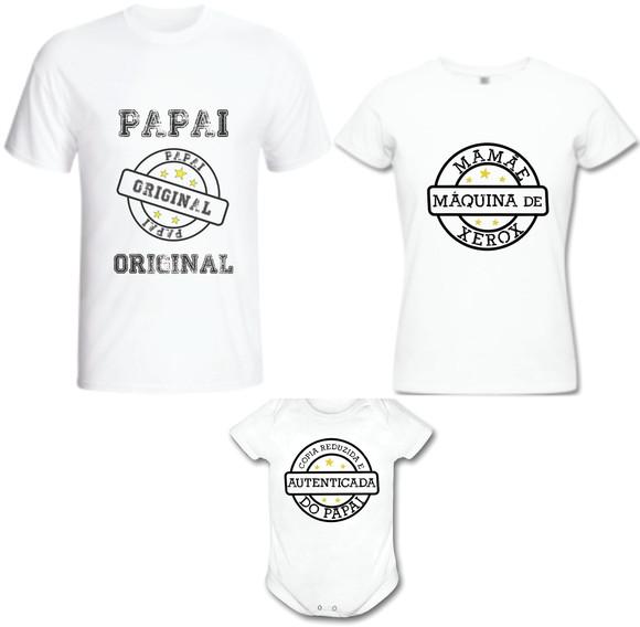 Camiseta Pai Mãe filho Xerox Cópia Kit c/03 camiseta e body
