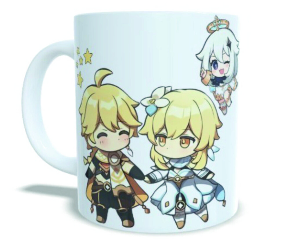 Caneca Chibi Genshin Impact Lumine Aether E Paimon