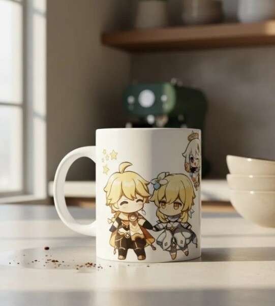 Caneca Chibi Genshin Impact Lumine Aether E Paimon
