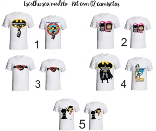 Camiseta Casal Batman e Mulher Maravilha Kit com 02