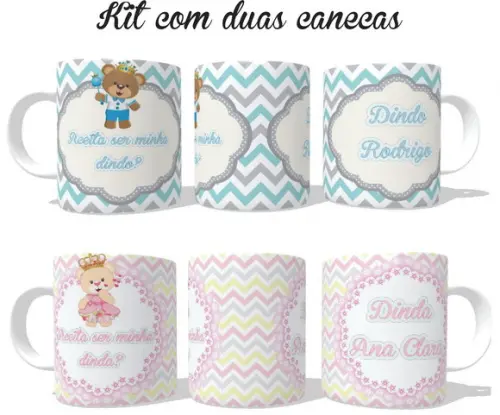 Caneca Convite Dindo ou Dinda Ursinhos - Batizado