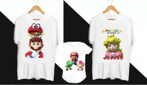 Camiseta Mario e Peach Papai e Mamãe e Body Bb Kit com 3