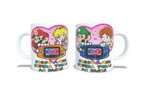 Caneca Nosso Amor Supera Todas as Fases Mario Peach Luigi