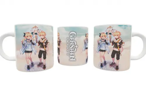 Caneca Genshin Impact Lumine, Aether e Paimon
