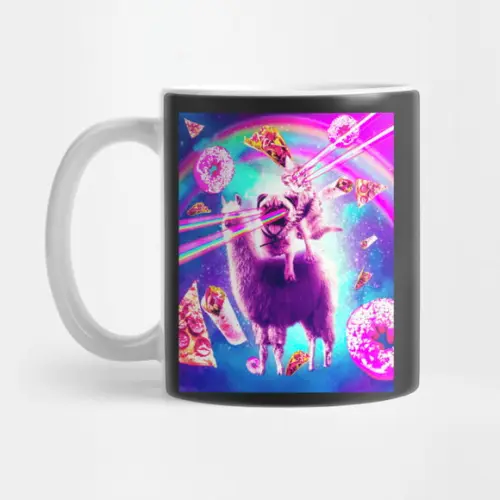 Caneca Laser Eyes Space Cat Riding Pug, Llama - Rainbow