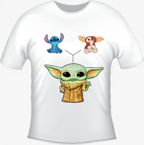 Camiseta Baby Yoda, Stitch e Mogwais