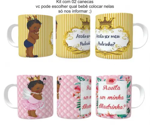 Caneca Baby Afro Convite Batizado Madrinha e Padrinho