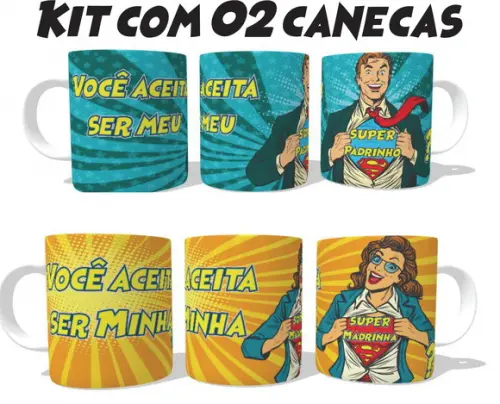Caneca Casamento Batizado Kit c/02 Super Padrinho - Madrinha