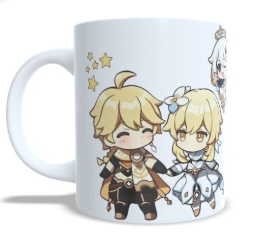 Caneca Chibi Genshin Impact Lumine Aether E Paimon