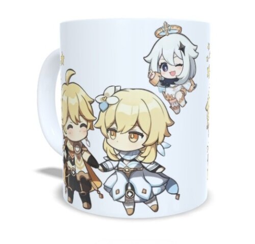 Caneca Chibi Genshin Impact Lumine Aether E Paimon