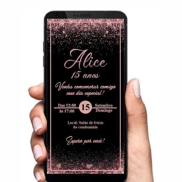 Convite Digital Glitter Preto e Rosa