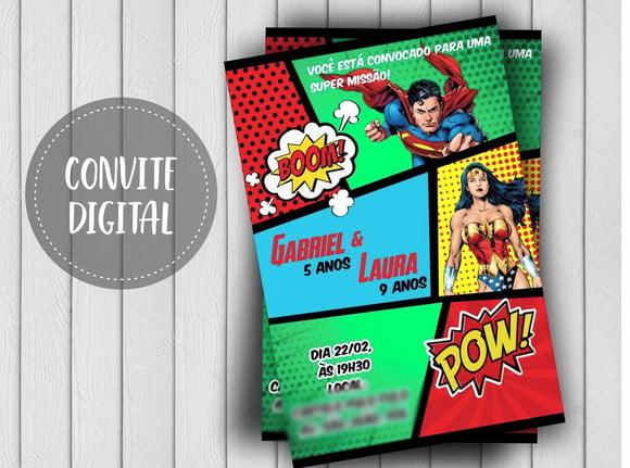 Convite Digital Super Homem e Mulher Maravilha