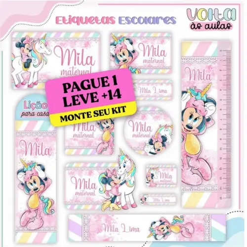 Arquivo de Corte Etiqueta Escolar Minnie Unicórnio 1
