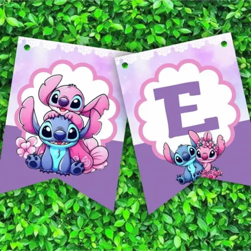 Arte Digital Bandeirola Stitch e Angel para Imprimir