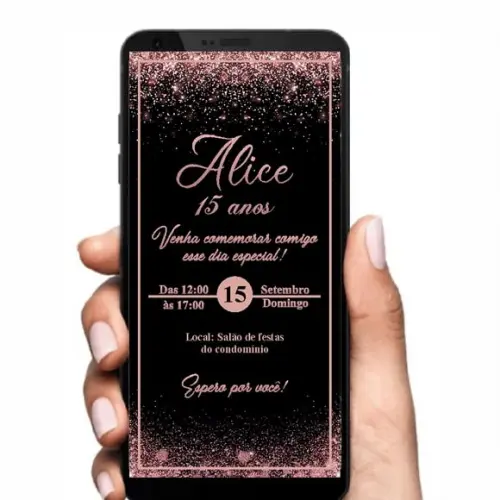 Convite Digital Glitter Preto e Rosa