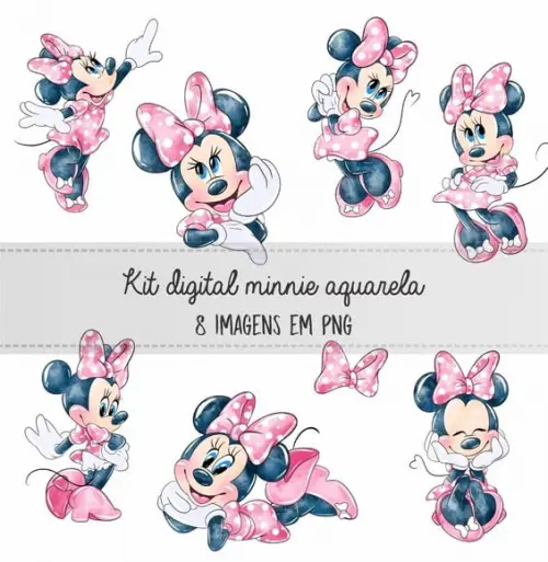 Kit Digital Minnie Rosa Aquarela + 14 Arquivos de Corte