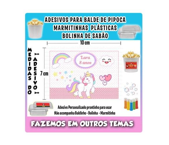 Adesivo Balde Pipoca Bolinha Sabão Marmitinhas Unicórnio