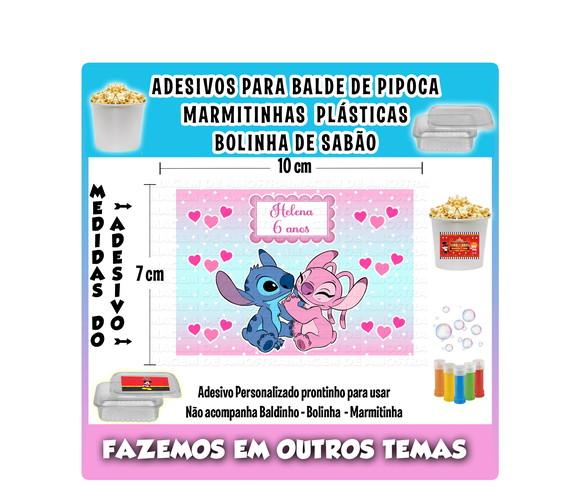 Adesivo Balde Pipoca Bolinha Sabão e Marmitas Stitch e Angel