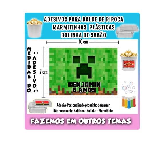 Adesivo Balde Pipoca, Bolinha Sabão e Marmitinhas Minecraft