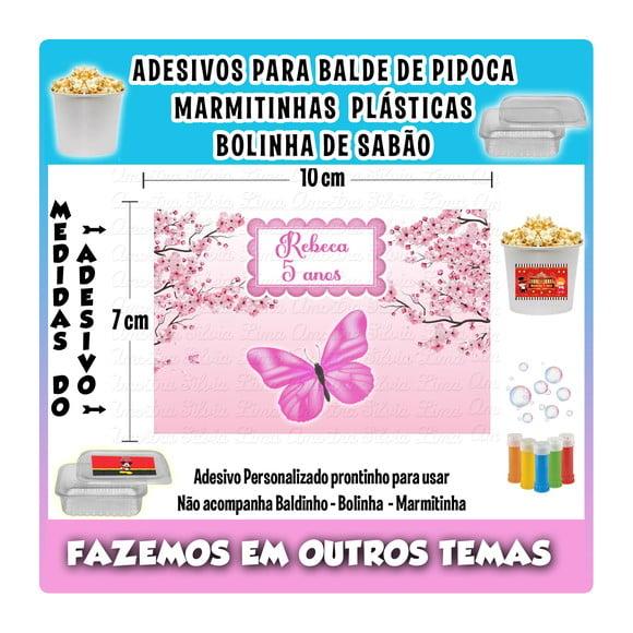 Adesivo Balde Pipoca Bolinha Sabão Jardim da Borboleta Rosa