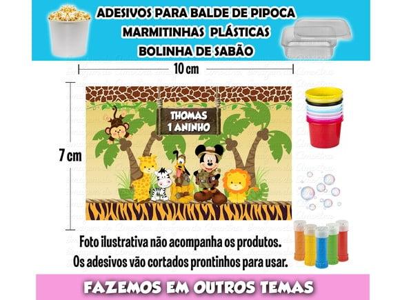 Rótulo Adesivo Balde Pipoca, Bolinha Sabão Mickey Safari