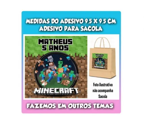 Adesivo para Sacola Sacolinha Surpresa Kraft Festa Minecraft