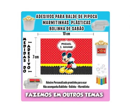 Adesivo Balde Pipoca Bolinha Sabão e Marmitinhas Mickey