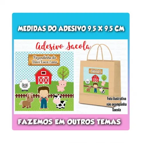 Adesivo para Sacola Sacolinha Surpresa Kraft Fazendinha Azul