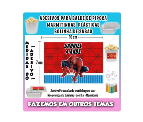 Adesivo Balde Pipoca Bolinha Sabão Marmitinha Homem Aranha