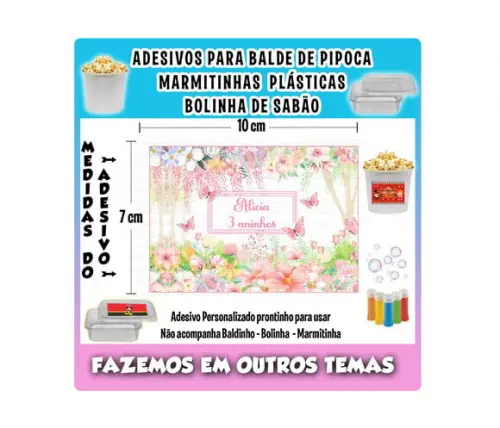 Adesivo Balde Pipoca, Bolinha Sabão Jardim da Borboleta Rosa