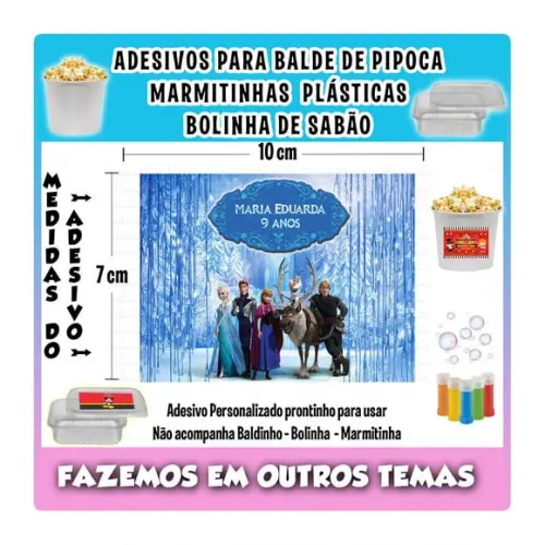 Adesivo Frozen Balde de Pipoca Bolinha de Sabão Marmitinhas