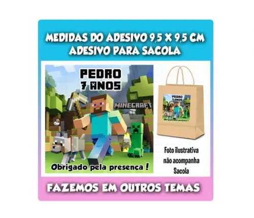 Adesivo Minecraft para Sacola Sacolinha Surpresa Kraft Festa