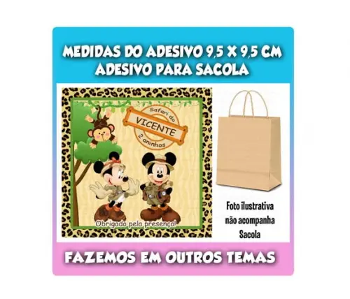 Adesivo Sacola Sacolinha Surpresa Kraft Mickey Minnie Safari