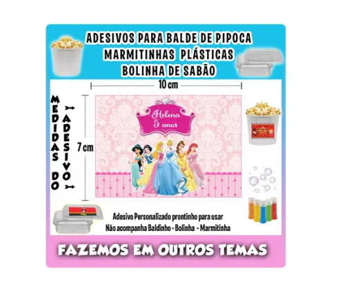 Adesivo Princesas Balde Pipoca, Bolinha Sabão e Marmitinhas