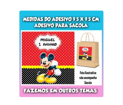 Adesivo para Sacola Sacolinha Surpresa Kraft Festa Mickey