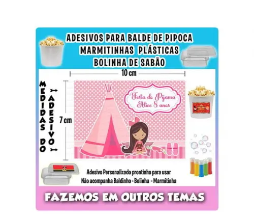 Adesivo Festa do Pijama Balde Pipoca Bolinha Sabão Marmita
