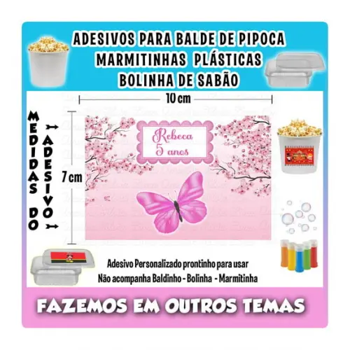 Adesivo Balde Pipoca Bolinha Sabão Jardim da Borboleta Rosa