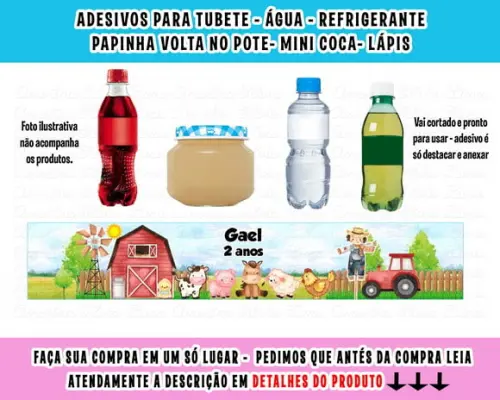 Adesivos para Água Refrigerante Papinha Fazendinha Aquarela