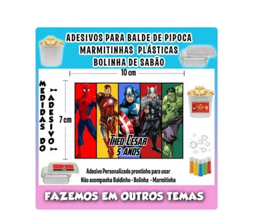 Adesivo Balde Pipoca, Bolinha Sabão e Marmitinhas Vingadores