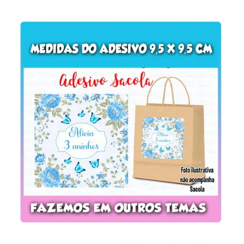 Adesivo para Sacolinha Surpresa Jardim das Borboletas Azul