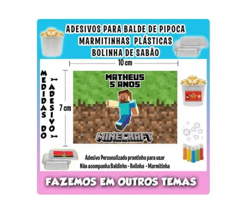 Adesivo Balde Pipoca, Bolinha Sabão e Marmitinhas Minecraft