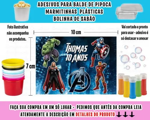 Adesivo Balde Pipoca, Bolinha Sabão Marmitinha Vingadores