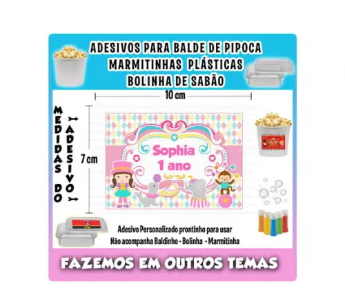 Adesivo Circo Rosa Balde Pipoca, Bolinha Sabão e Marmitinha