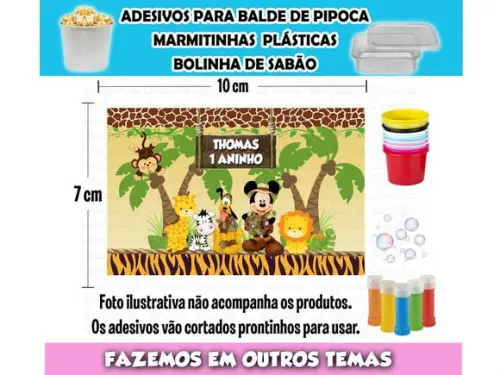 Rótulo Adesivo Balde Pipoca, Bolinha Sabão Mickey Safari