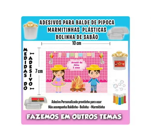 Adesivo Festa Junina Arraiá Balde de Pipoca Bolinha de Sabão