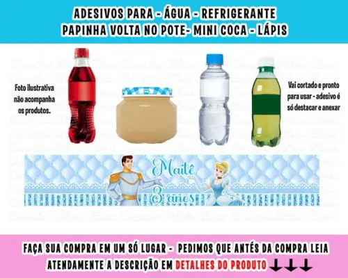 Adesivos Água, Refrigerante, Papinha, Caçulinha Cinderela
