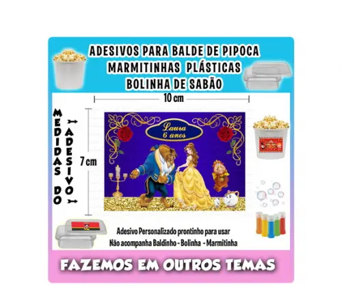 Adesivo a Bela e a Fera Balde Pipoca Bolinha Sabão Marmitas