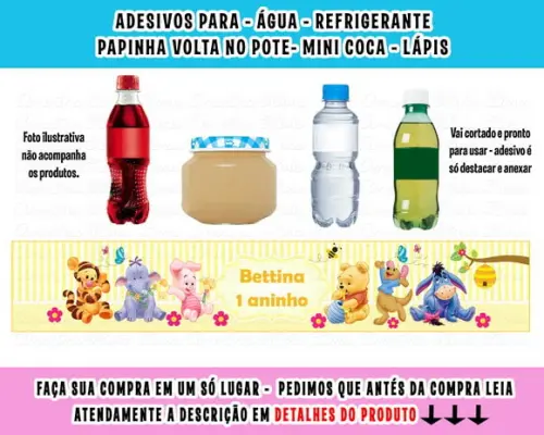 Adesivos Água, Refrigerante, Papinha, Caçulinha Ursinho Pooh