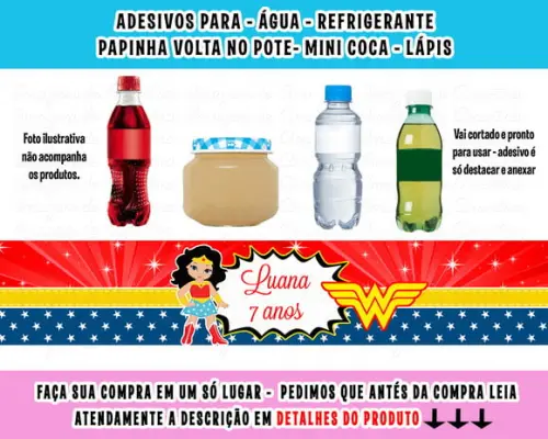Adesivos Água, Refrigerante, Papinha, Mulher Maravilha